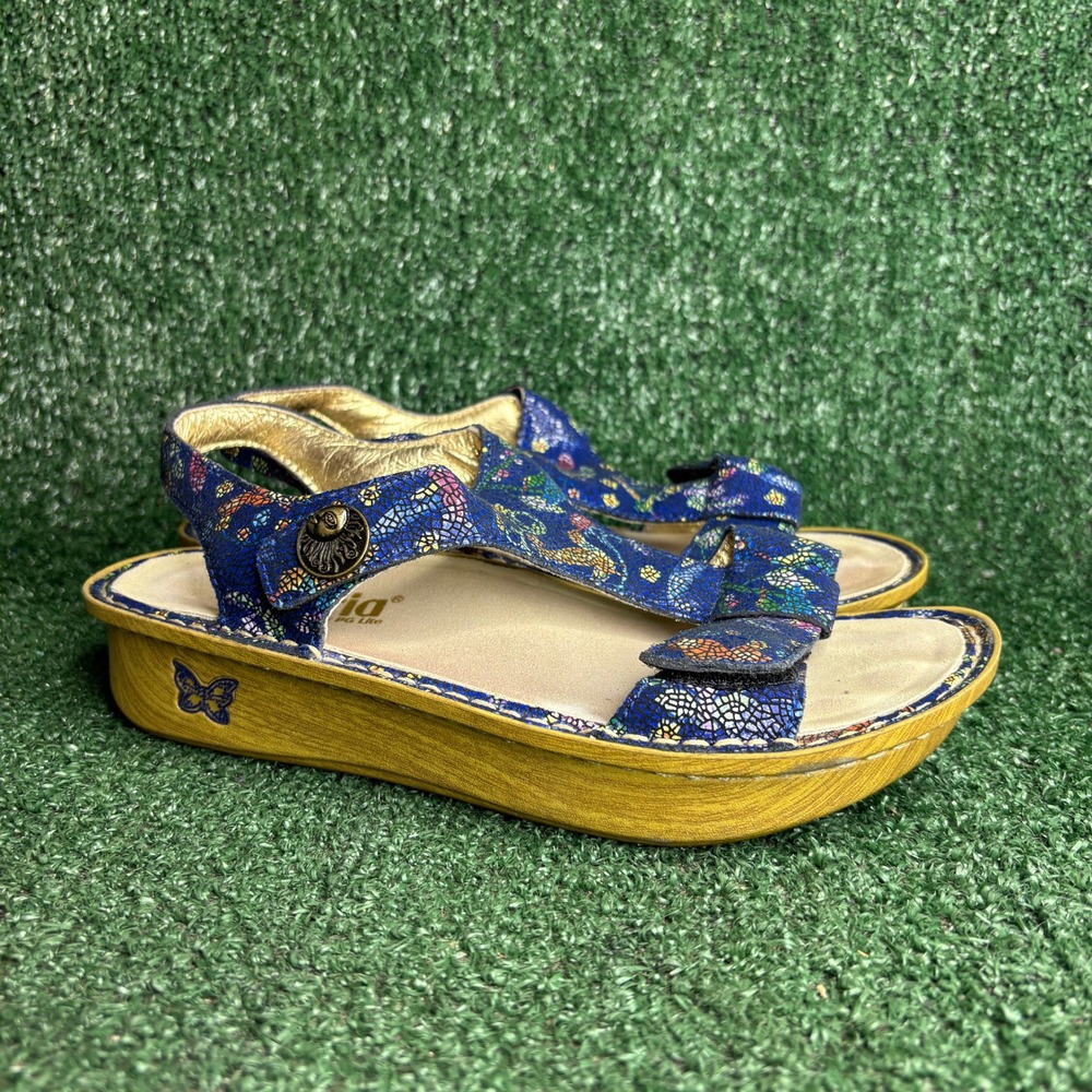 Alegria Kendra Birdland Mosaic Leather Slingback Wedge Sandal Blue Womens Sz 7.5